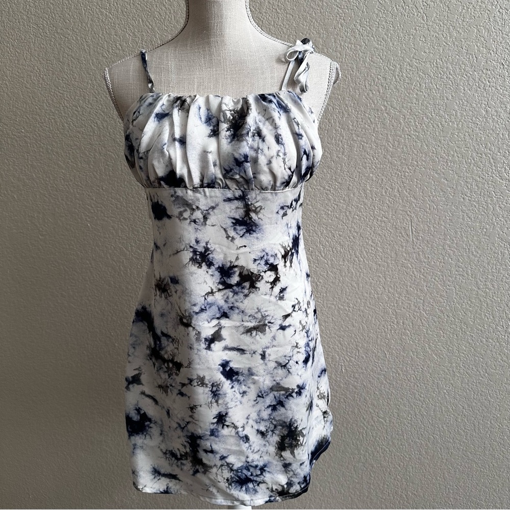 Blue Tie-Dye Dress Milkmaid Peasant Short Size 4 Boho Hippie MISSGUIDED